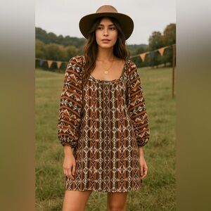 Anthropologie Maude Boho Tribal Print Dress | Puff Sleeve Mini | Size M